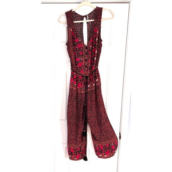 Free People Women's Small Floral Red Black Viscose Wide Leg Jumpsuit One Piece - Picture 2 of 11